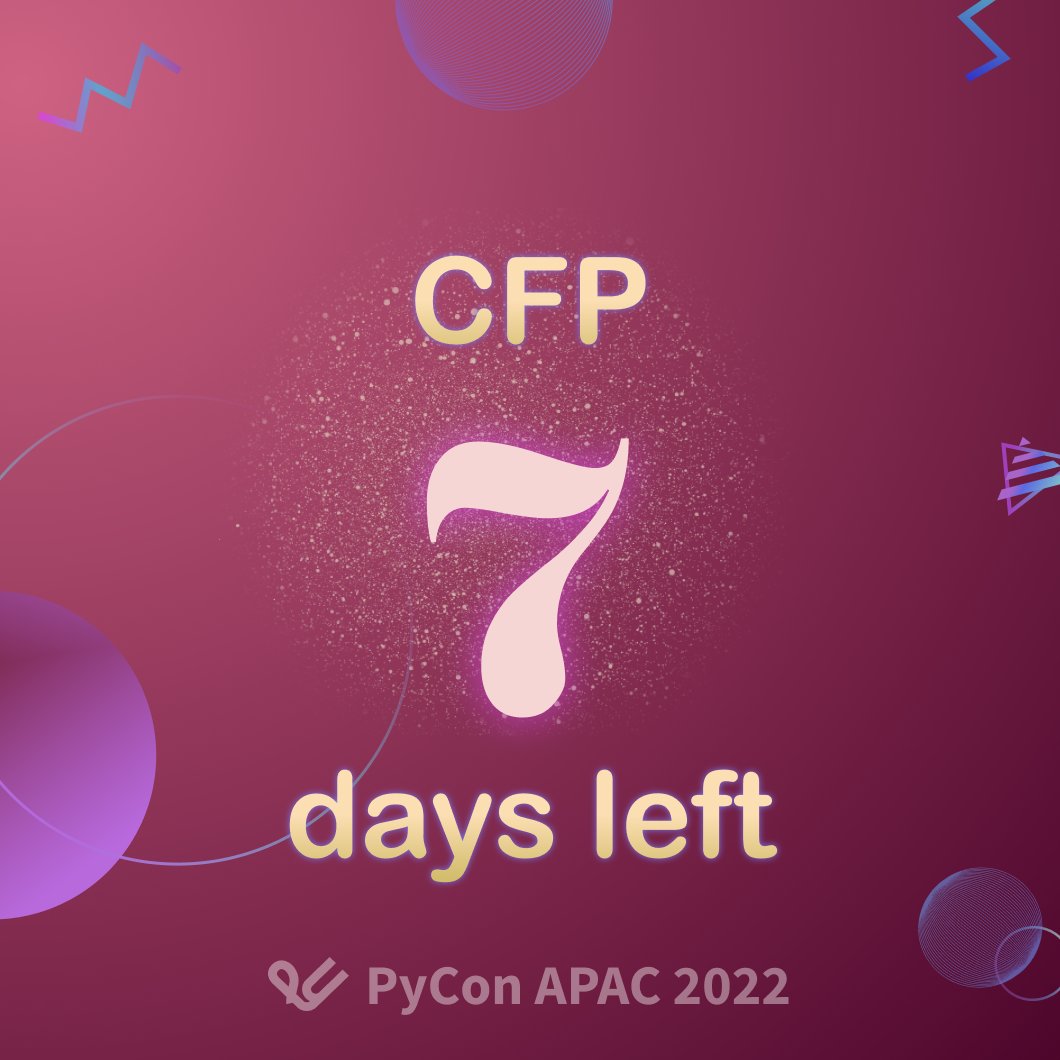 🔔🔔🔔 DON’T WAIT!
<a href="/pyconapac/">PyCon Asia @pyconasia@mtd.pythonasia.org</a> 2022 CfP deadline is fast approaching!

Submit your talk or tutorial here 👉 tw.pycon.org/2022/speaking/…

#CfP Ends: 15th, April
#Conference: 3rd - 4th, Sep

#PyConTW #PyConAPAC #PyConAPAC2022 #CFP