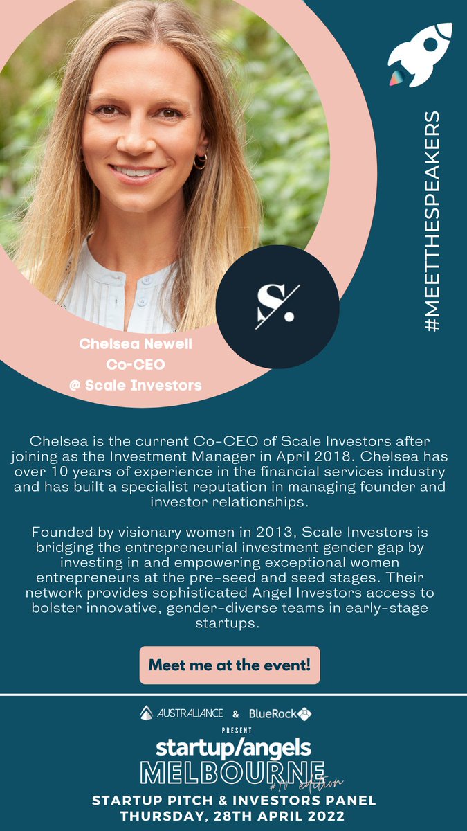 Meet the Co-CEO of Scale Investors Chelsea Newell. Chelsea has over 10 years of experience in the financial services industry. Join us in Melbourne from 5:30 PM onwards on the 28th of April 2022
🚀🚀🚀 Booked your spot yet? Book your tickets NOW >>events.humanitix.com/startup-and-an…