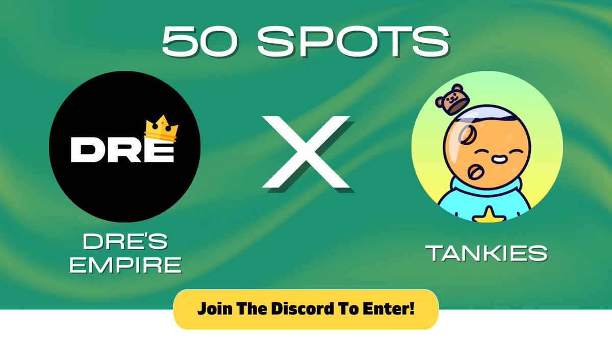 Dre's Empire x Tankies

<a href="/tankies_nft/">tankies</a> have given us 40x wl spots to giveaway on our discord and 10 on twitter

1. Follow <a href="/tankies_nft/">tankies</a>, <a href="/Dres_Empire/">Dre</a> and <a href="/satanityeth/">Satanity</a> 
2. Like, RT and Tag 3 friends
3. Join the discord: discord.gg/dresempire

Ends in 24 hours!!
