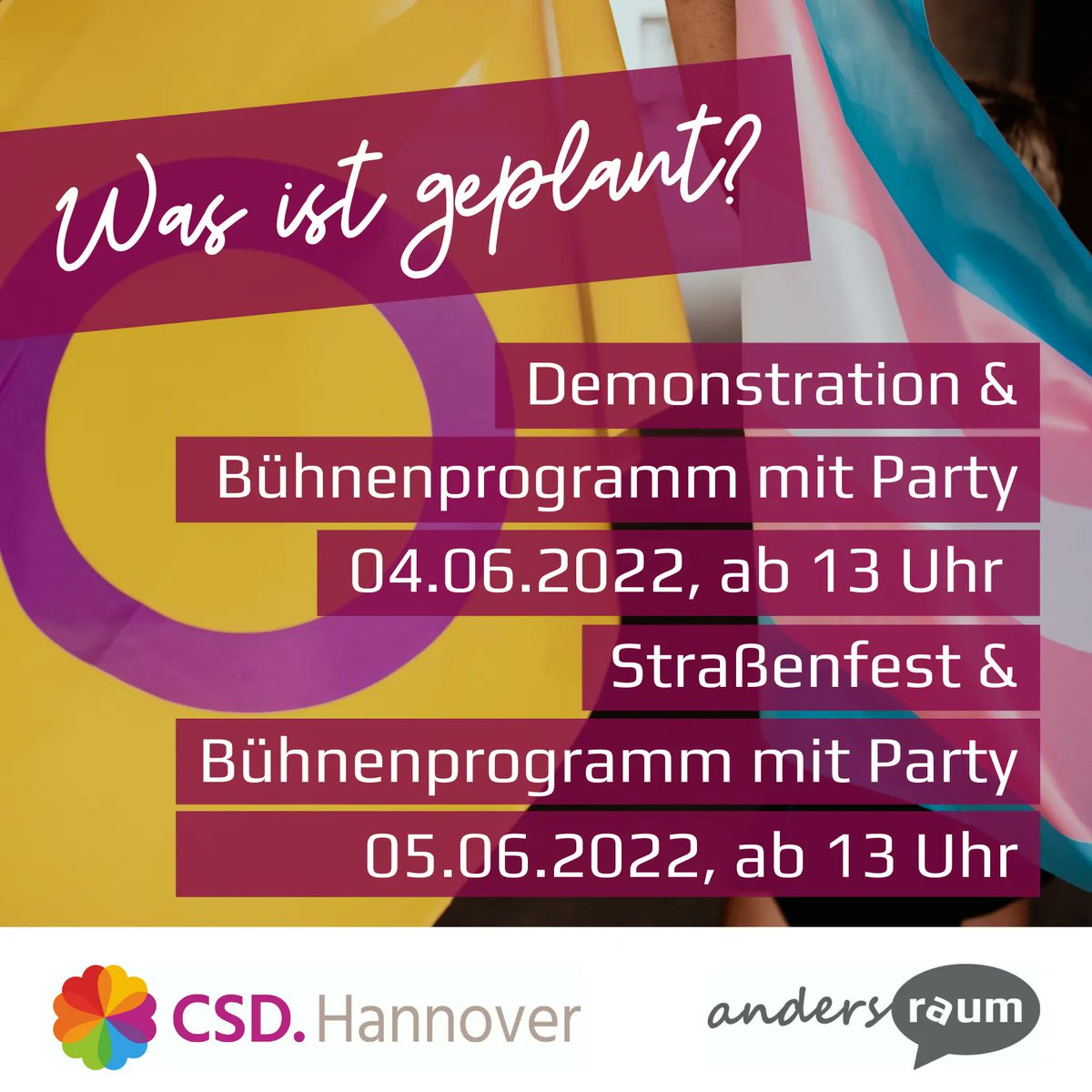 #CSDHannover Straßenfest &amp; Demo finden statt. Die Vorfreude wächst! 🥳

Die CSD Demo &amp; Auftaktkundgebung findet samstags statt. Außerdem ist ein Bühnenprogramm am Samstag &amp; Sonntag in Planung. Das Straßenfest findet dieses Jahr eintägig sonntags statt. 

#csd2022 #csdhannover22