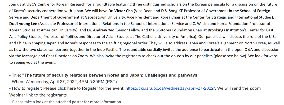 TheKpopProf's tweet photo. Apr 27, 4pm PACIFIC
""The future of security relations between Korea and Japan: Challenges and pathways"
#InternationalRelations #KoreaJapan
Drs. #VictorCha #LeeJiyoung #AndrewYeo
Register: https://t.co/XCcVf5lITB https://t.co/scdK7EBwSe