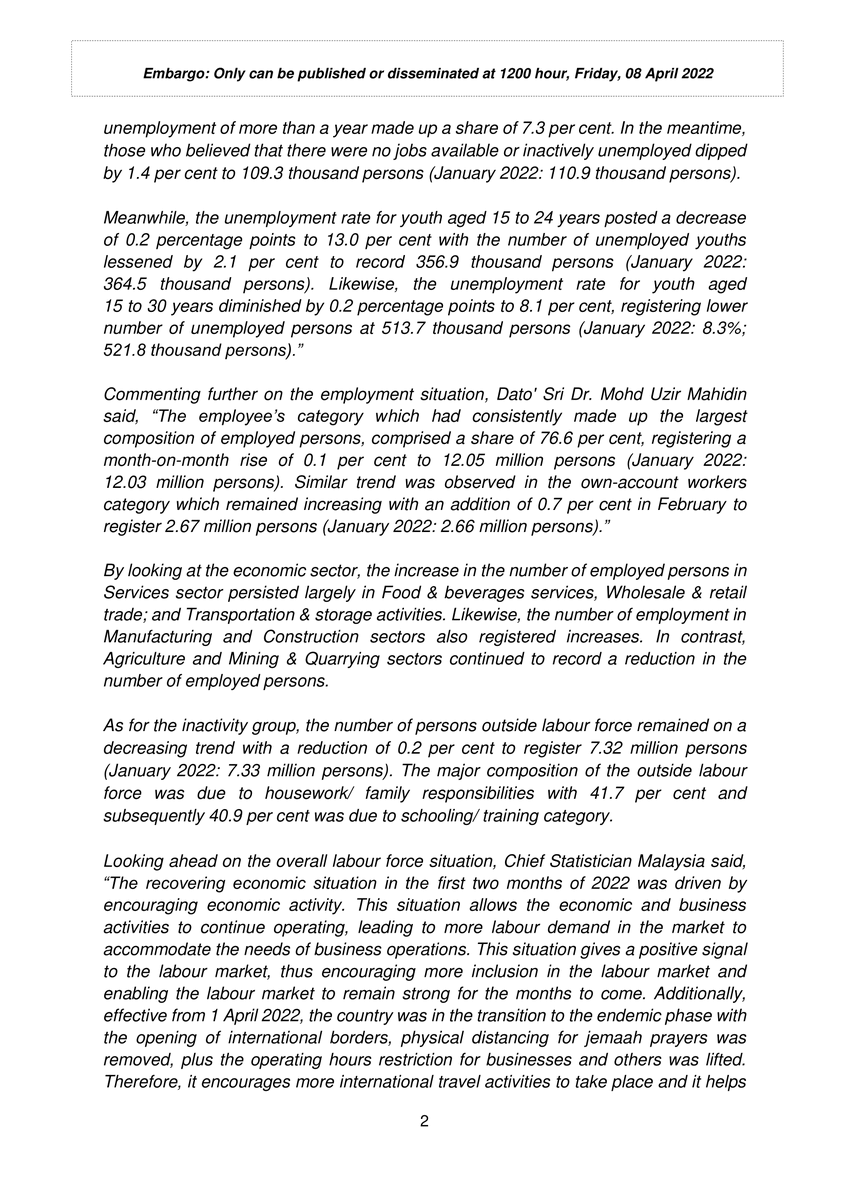 DOSM_MBLS's tweet photo. DOSM MEDIA STATEMENT:
STATISTICS OF LABOUR FORCE, MALAYSIA, FEBRUARY 2022
#MBLS #DOSM #LabourStatistics #LabourForceStatistics #LMIAP #MyLMID https://t.co/2pOvsxRyKM