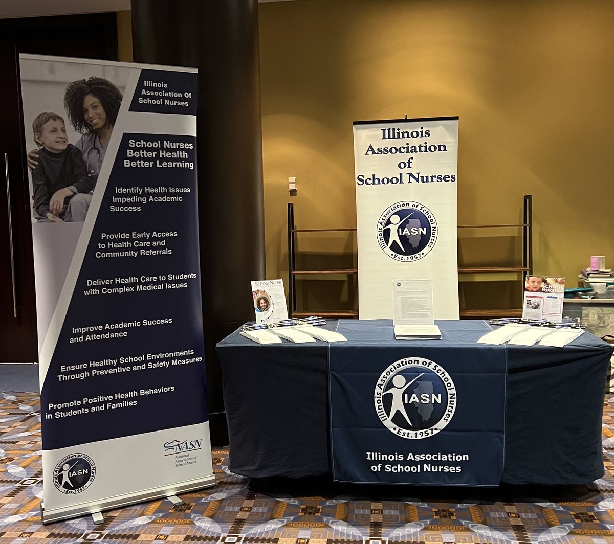 ILSchoolNurses's tweet photo. The IASN exhibit booth is ready to go. IASN Past President @LVollinger is on site representing school nurses at the 2022 IEA Representative Assembly happening this weekend. #StrongerUnited #IEA #SchoolHealth #SchoolNurses #PublicHealth https://t.co/sLvx5F7KE0
