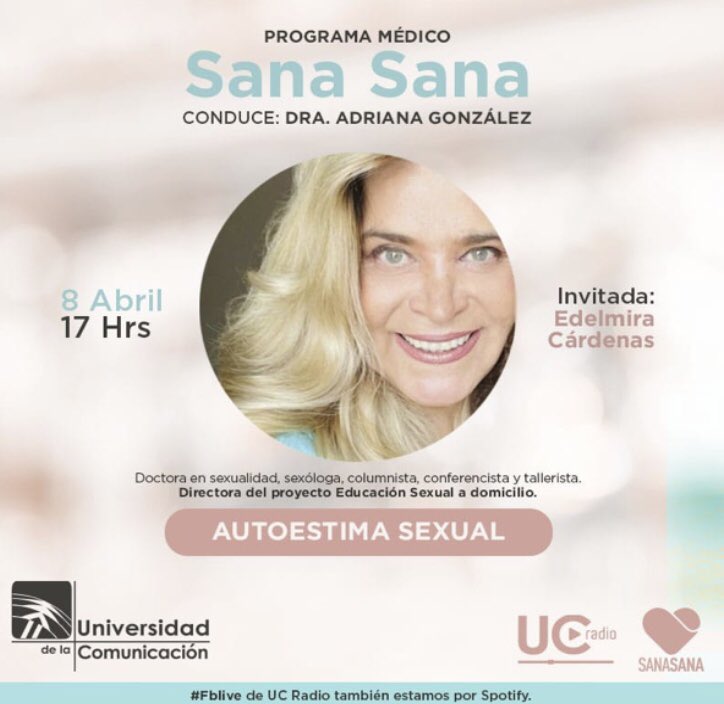 ¡No te pierdas a la <a href="/AdryDra/">Dra. Adry UC.</a> en #SanaSana! Hoy como invitada nos acompaña: 
🔥 Edelmira Cárdenas <a href="/sexualmenteedel/">Sexualmente Edelmira</a>
Para hablarnos de: 
Autoestima Sexual

▶️ Ponle play 
📌 5 pm
📍 Facebook.com/ucradiomx
🗓️ Viernes 07.04.22