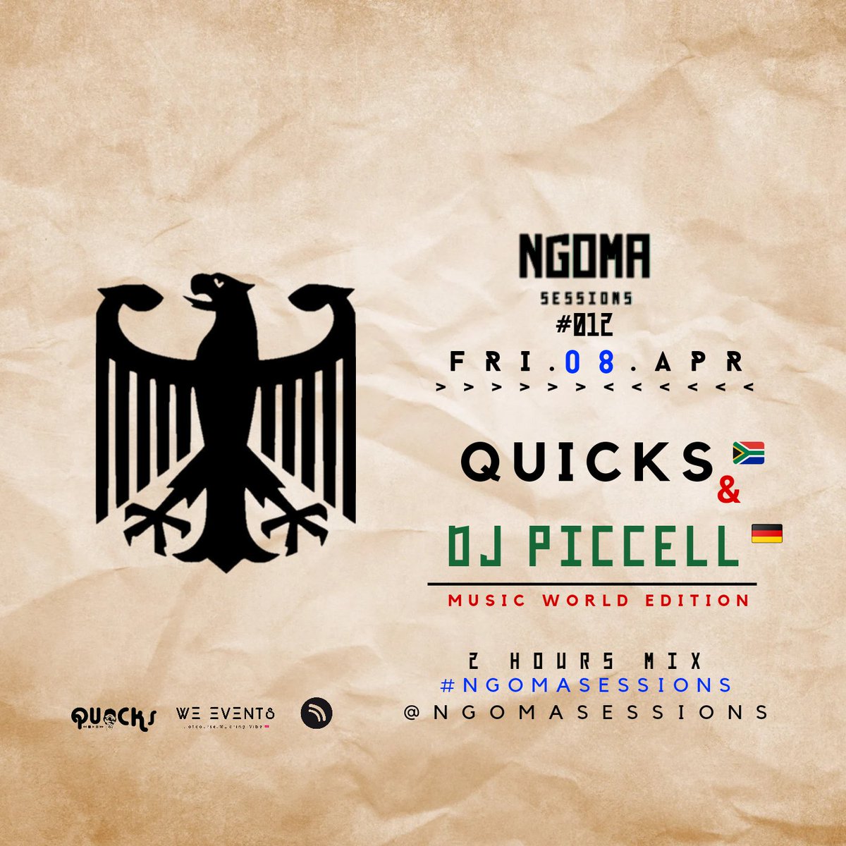 NgomaMixes's tweet photo. Today, Friday 08 April we bring you a season finale, Ngoma Sessions Episode #012 and we still in Germany 🇩🇪. Continuing part two of MUSIC WORLD EDITION we have @djpiccell handling the Guest Mix and @REALDJQUICKS handling the Main Mix. We closing off the season in style 🇿🇦🇩🇪🌏❤️🙌🏿 https://t.co/8VDbuOiEq4