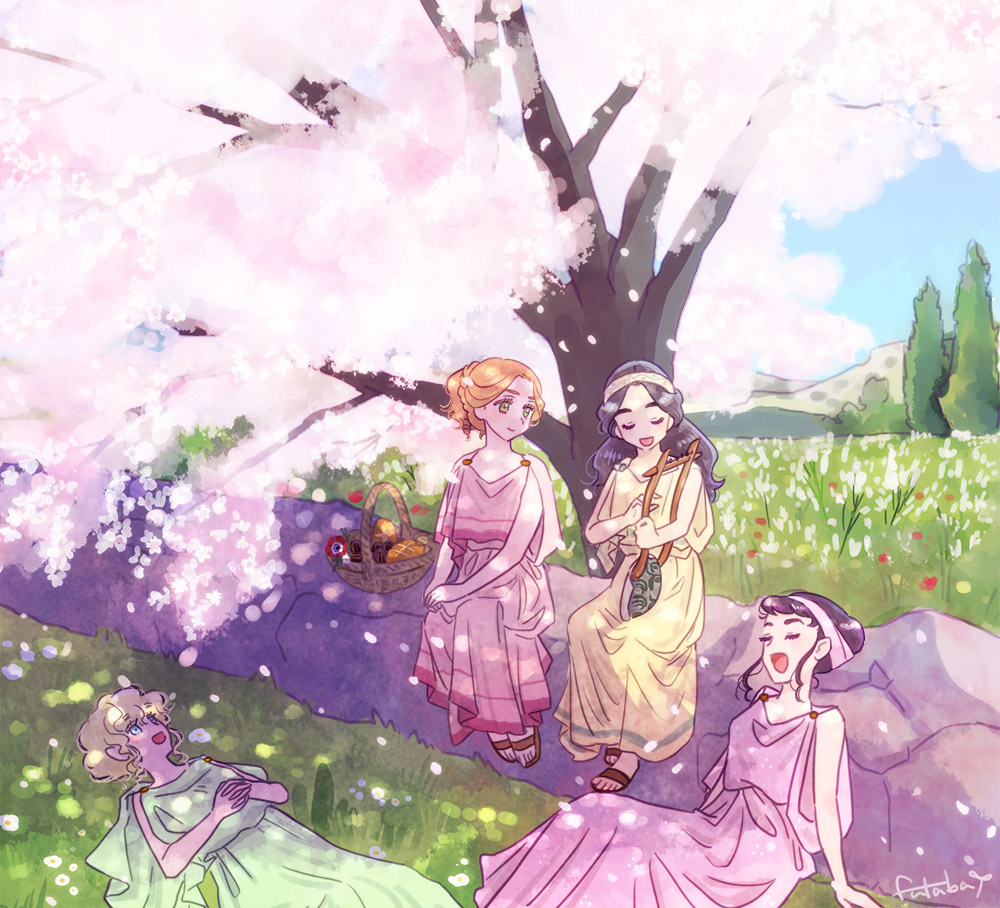 multiple girls 2girls dress smile tree outdoors sitting  illustration images