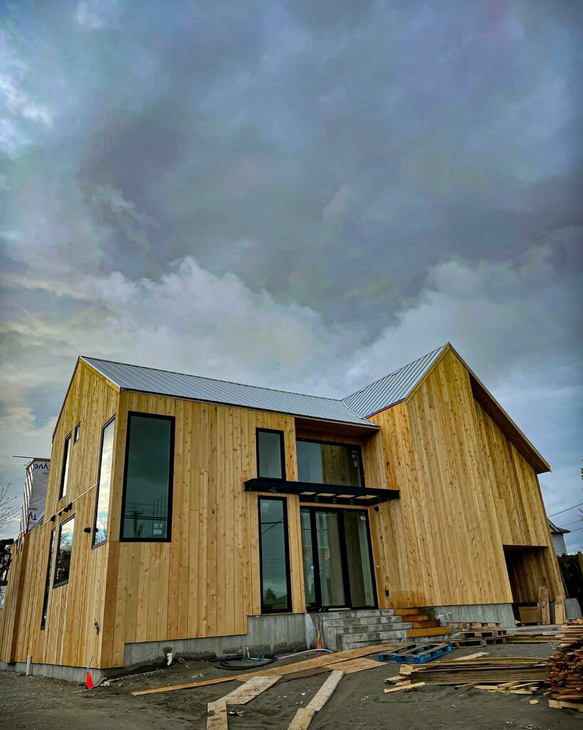 Getting close to finishing this unique, net zero ready farmhouse on agricultural land… we designed this home with a specific focus on locally sourced materials, including this milled cedar plank siding that will weather in place to match other local … instagr.am/p/CcE2yK7L9N2/