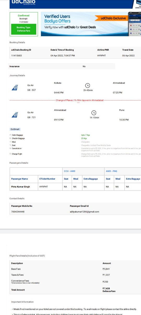 iSubhashChSingh's tweet photo. @udChalo @GoFirstairways As u can see as per picture that my brother reached on time bt declined to board flight with baggage due to less te as per authorities. You although arranged alternative flight but he is a defence personal and due to such delay he may be suspended. https://t.co/riZ7ebXWj4