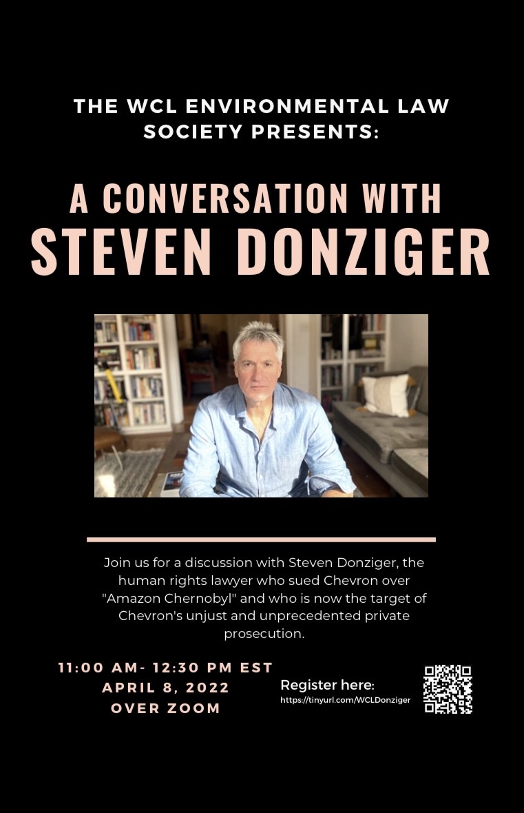 SDonziger's tweet photo. BREAKING: I am speaking tomorrow at 11 am ET about @Chevron, human rights, private prosecutions, and my illegal 975-day detention at the Washington College of Law of American University. Public welcome. https://t.co/XoOl7Yjewo https://t.co/dqMTME33Y3