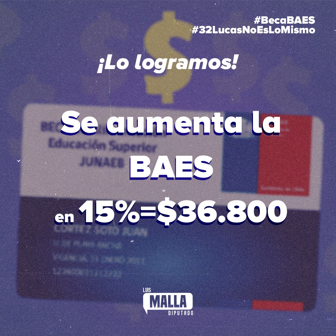 luis_malla's tweet photo. Logramos que por primera vez se aumente la #BecaBaes. Valoro la medida, aunque es insuficiente. Por eso, seguiremos insistiendo para que suba y se cumpla el compromiso del Presidente Boric de un aumento gradual. Seguiremos proponiendo un reajuste anual permanente según el IPC. https://t.co/kURjH2IuwH