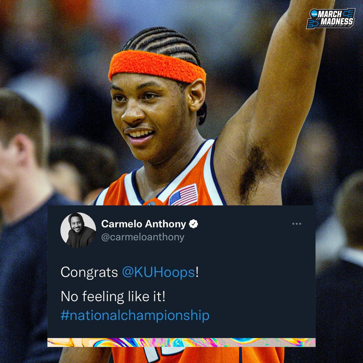 MarchMadnessMBB's tweet photo. From one National Champ to another 🤝🏆

@carmeloanthony x @KUHoops https://t.co/PWFlsCGuae