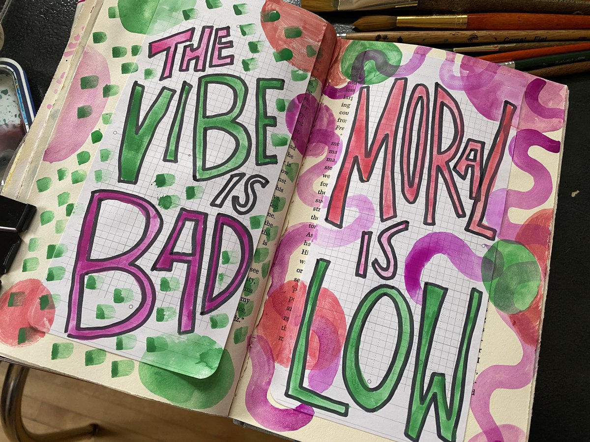 nineteenland's tweet photo. 🌈 Sometimes if you’re in a shit mood it helps to make art about it. 🌑💚

#badvibesforever #sketchbook #alteredbook #gouache #illustration #handlettering #depression #sometimesitsnowsinapril https://t.co/86eesxAv5Y