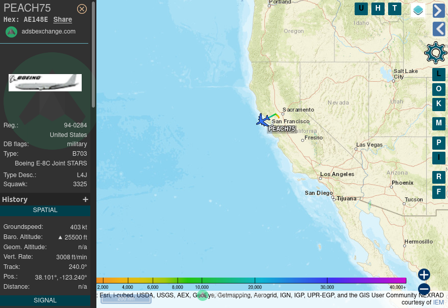 TheIntelFrog's tweet photo. A second E-8C Joint STARS is up. #AE148E as PEACH75 has just departed Travis AFB, CA. https://t.co/rYoSsy82D4