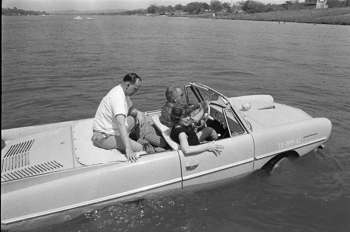 President Lyndon B. Johnson pranking people by driving into lakes with his amphibious car.