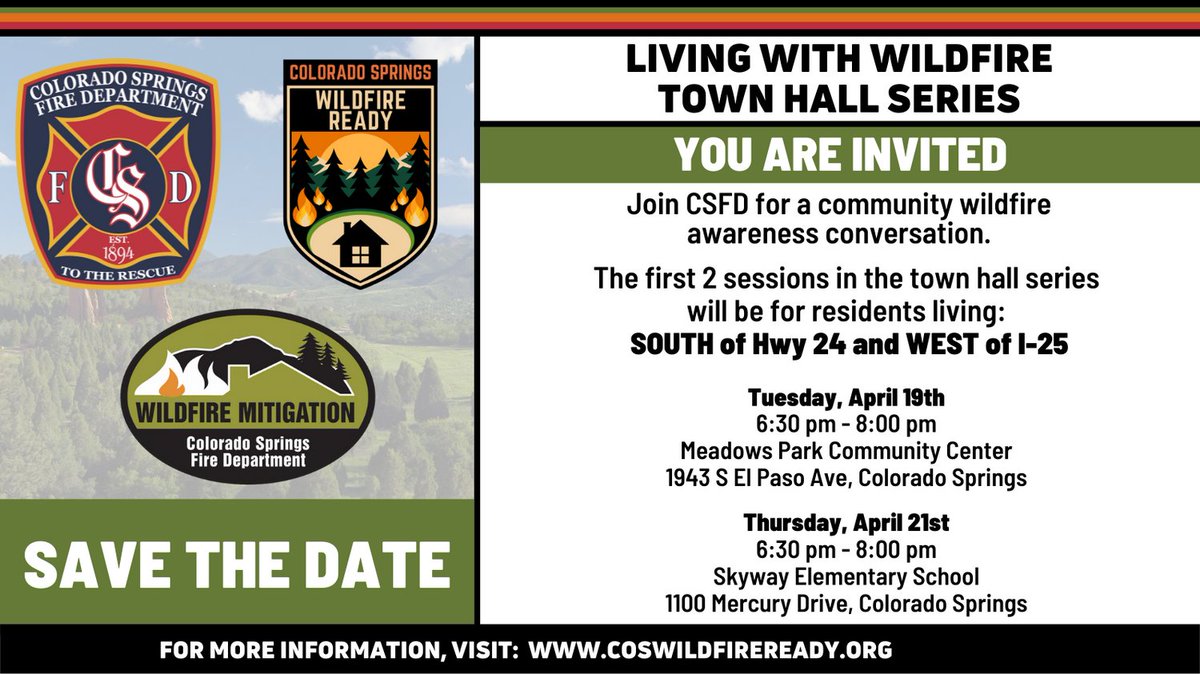 CSFDPIO's tweet image. You are invited to join CSFD for a conversation about wildfires specific to your area of town. The first two meetings being offered are for residents who live SOUTH OF HWY. 24 AND WEST OF I-25
visit: coswildfireready.org/town-hall-seri… 
#ColoradoSpringsFire  #coswildfireready
