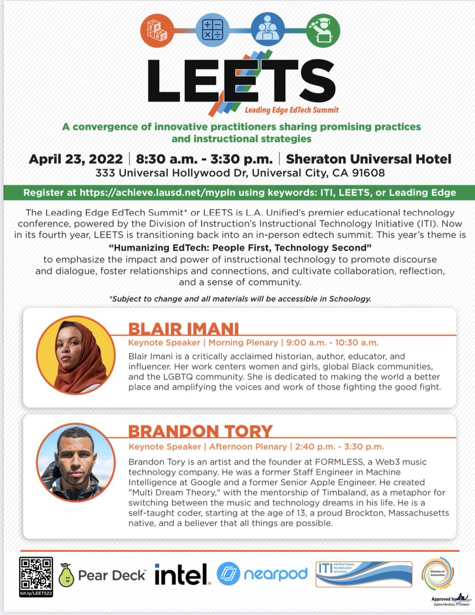 Hey @LASchools’ educators and leaders on the edge… join us at @LAUSD_Achieve @ITI_LAUSD’s #LEETS22 Leading Edge EdTech Summit, returning in person for that #humancentered #edtech experience #LEETS #EmpoweredByITI & learn from our keynote speakers #BlairImani & @brandontory!