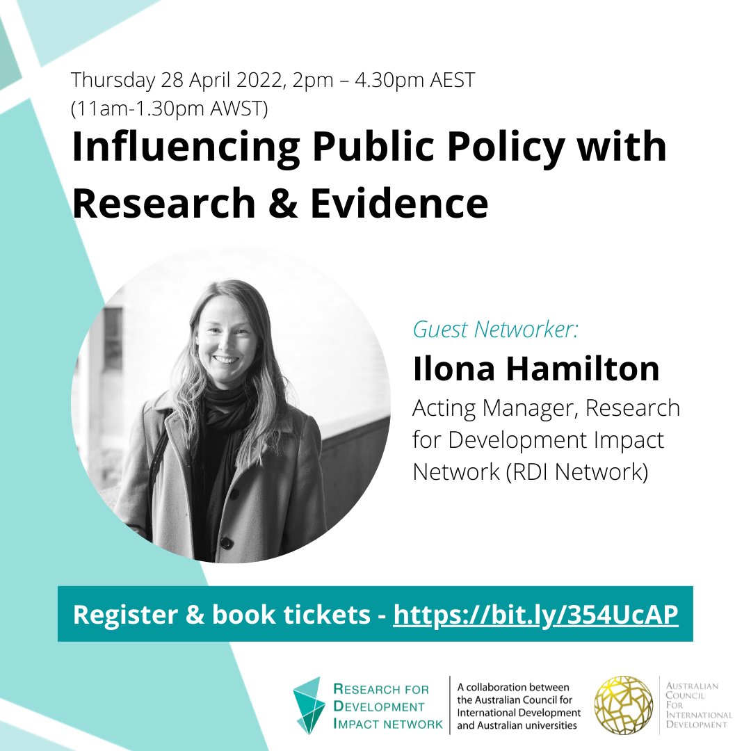 Coming up after the Easter break! Influencing Public Policy with Research &amp; Evidence | Thurs 28th Apr 2022, 2:00 pm - 4:30 pm AEST. Network with Ilona Hamilton, Network &amp; Partnership Manager, RDI Network. Register - bit.ly/354UcAP