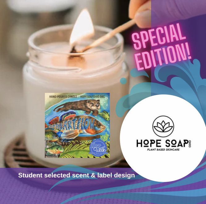 Our CF artists and CF Hope Soap joined forces to create a commemorative candle for this year’s event, with student selected scent and label design featuring Anna Leon’s poster. Candles will be available April 21st, a % of the sales from that day will benefit the 2023 art walk.