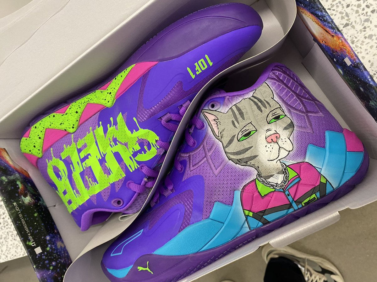 LaMelo Ball in custom 1-of-1 Gutter Cat Gang x PUMA MB.01 😼