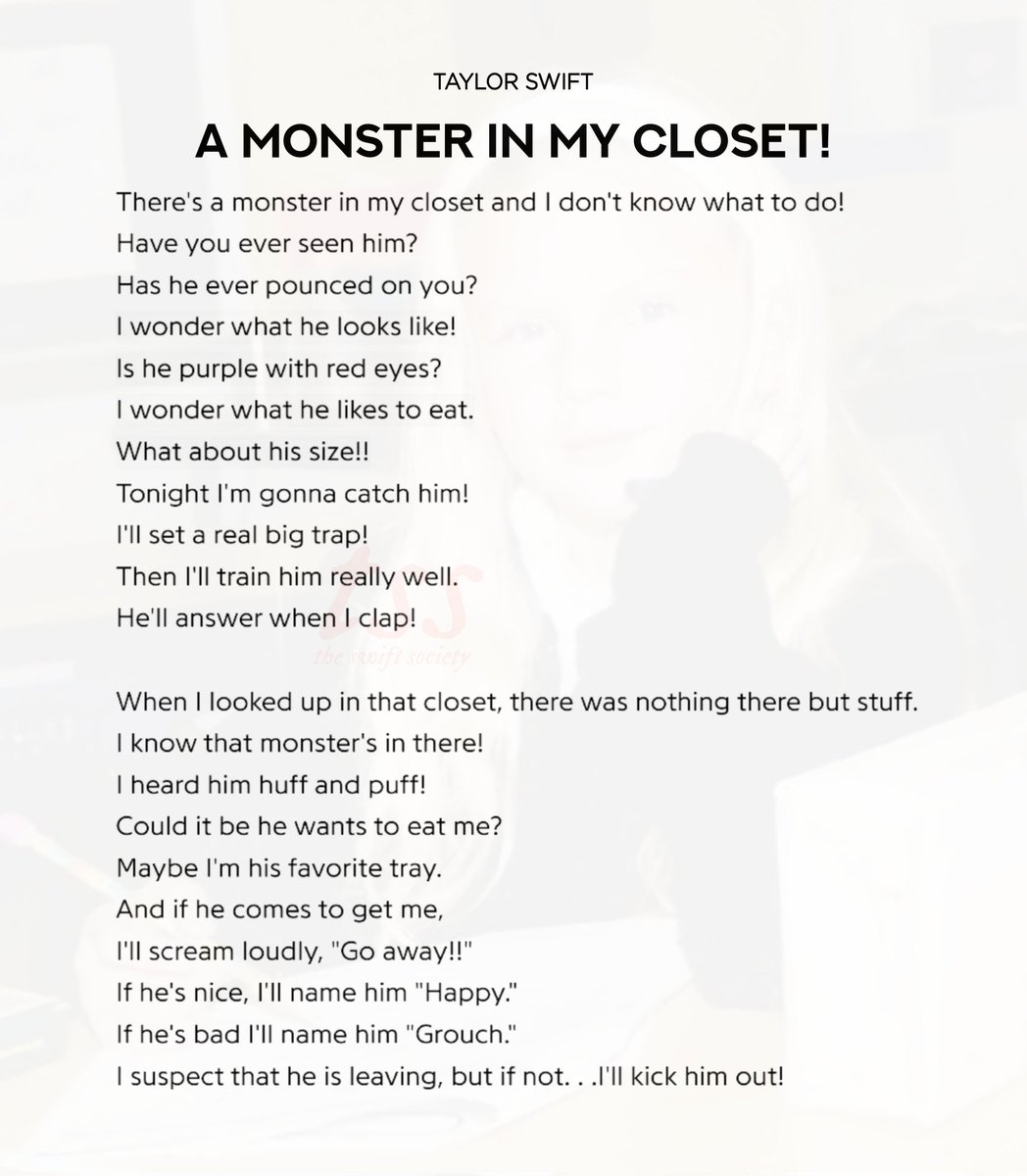 TheSwiftSociety's tweet photo. 🚀| Remember when  @TaylorSwift13 was in 4th grade and she won a national poetry contest!

She achieved it with a self written poem named “Monster In My Closet.” https://t.co/81zcABbZBB