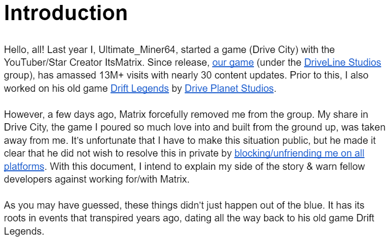 ItsMatrix has been a known personality in the Roblox YouTube community for 4+ years, and while many young &amp; inexperienced devs are eager to work with him, I and several others would like to warn all developers against his tactics.

Document in replies.
#RobloxDev