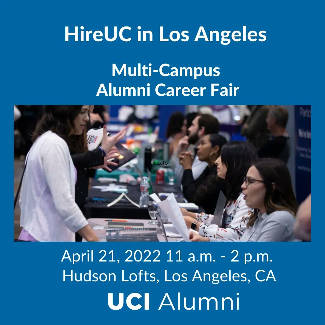 Hey, Anteaters! Come out to HireUC! Meet fellow Anteaters at UC's Multi-School Alumni Career Fair which is the event that brings together the best employers and alumni-job seekers from the ten UC Campuses! Make sure to register now! https://t.co/H4JjztMaU5 #UCIalumni #UCIpride https://t.co/wwqpgjnyaP