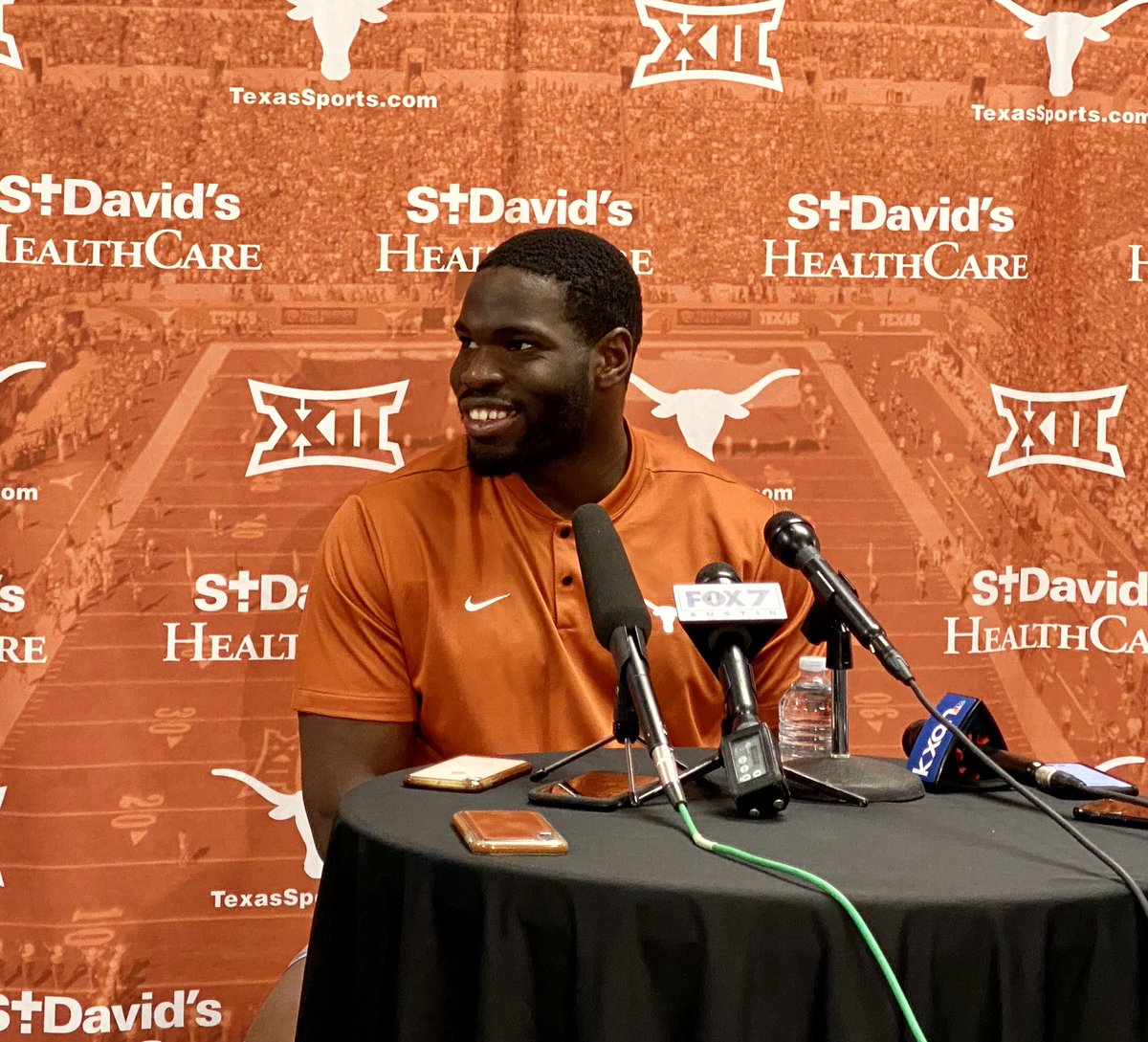 Had the big guys visiting with the media today. Appreciate <a href="/junior_angilau/">sione angilau jr.</a> and <a href="/MoroOjomo/">Moro Ojomo™</a> spending some time talking Longhorn Football after spring practice # 8🤘🏻