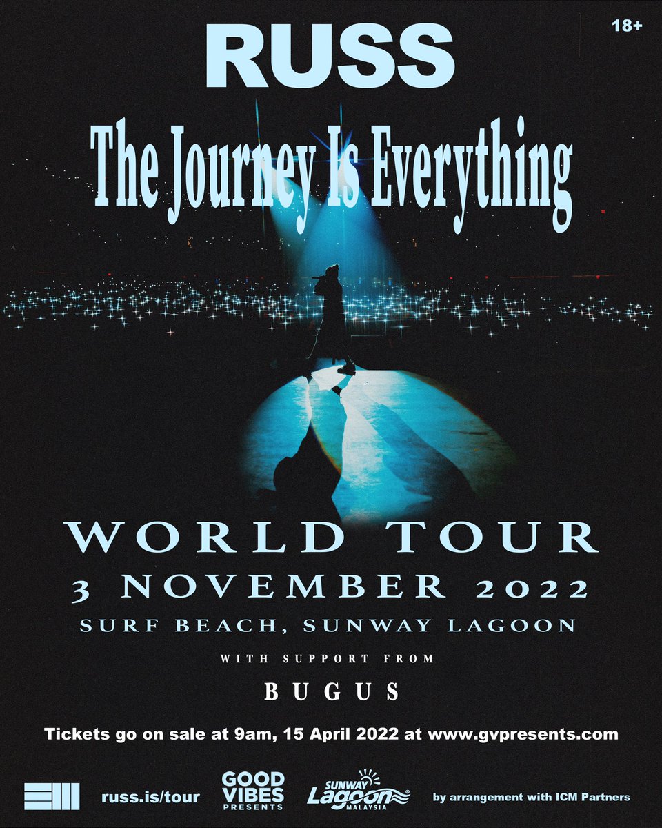 GoodVibesFest's tweet photo. Good Vibes Presents Russ: ‘The Journey Is Everything’ World Tour, 3 November 2022 at Surf Beach, Sunway Lagoon. Tickets go on sale next week at 9am on Friday, 15 April 2022 at https://t.co/Z6claQ5zCs

#gvpresents https://t.co/vOimM0iYr4