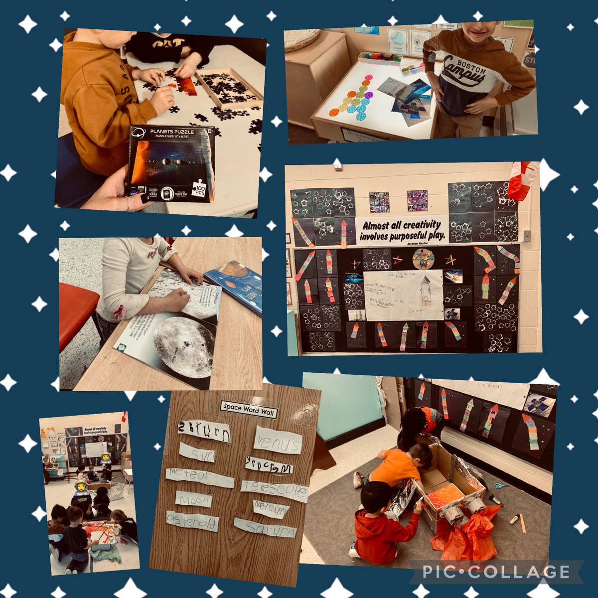 kaitlineedy_'s tweet photo. Our classroom is out of this world! What a fun #space inquiry our kiddos are doing in K2! We can up with “wonder questions” and are doing research on PebbleGo, reading books, and videos to find our answers. We are growing our brains! #tvdsb #tvdsbkindergarten #onted #inquiry https://t.co/uZL3mYVXeO