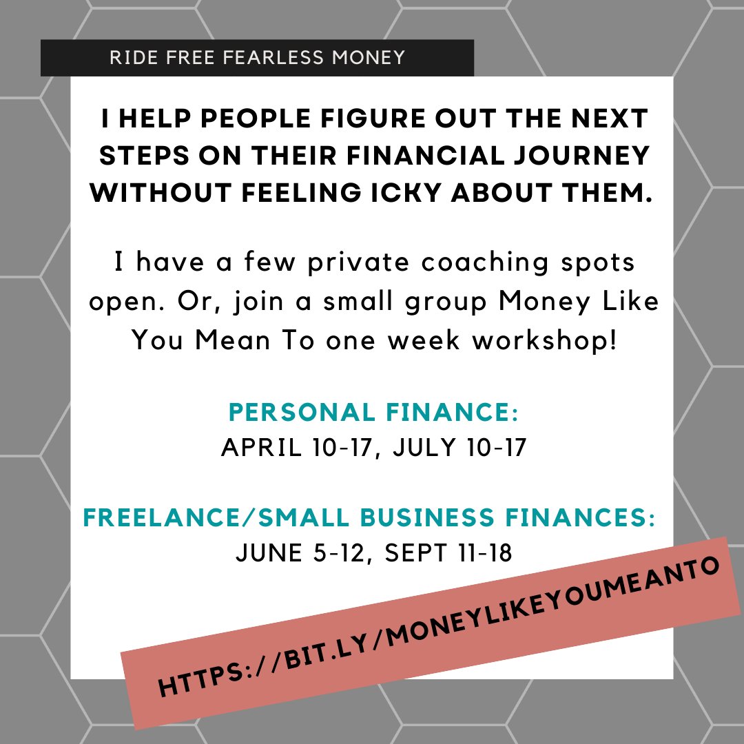 My clients are going DEEP. I love it! We’re talking about Work &amp; choice; Ethics, truth, and investing; Secrets &amp; safety; and The Big Lie [of Capitalist Realism].

Don't get overwhelmed, vaguely ashamed &amp; ineffectually pissed at the system – join me for coaching &amp; classes!