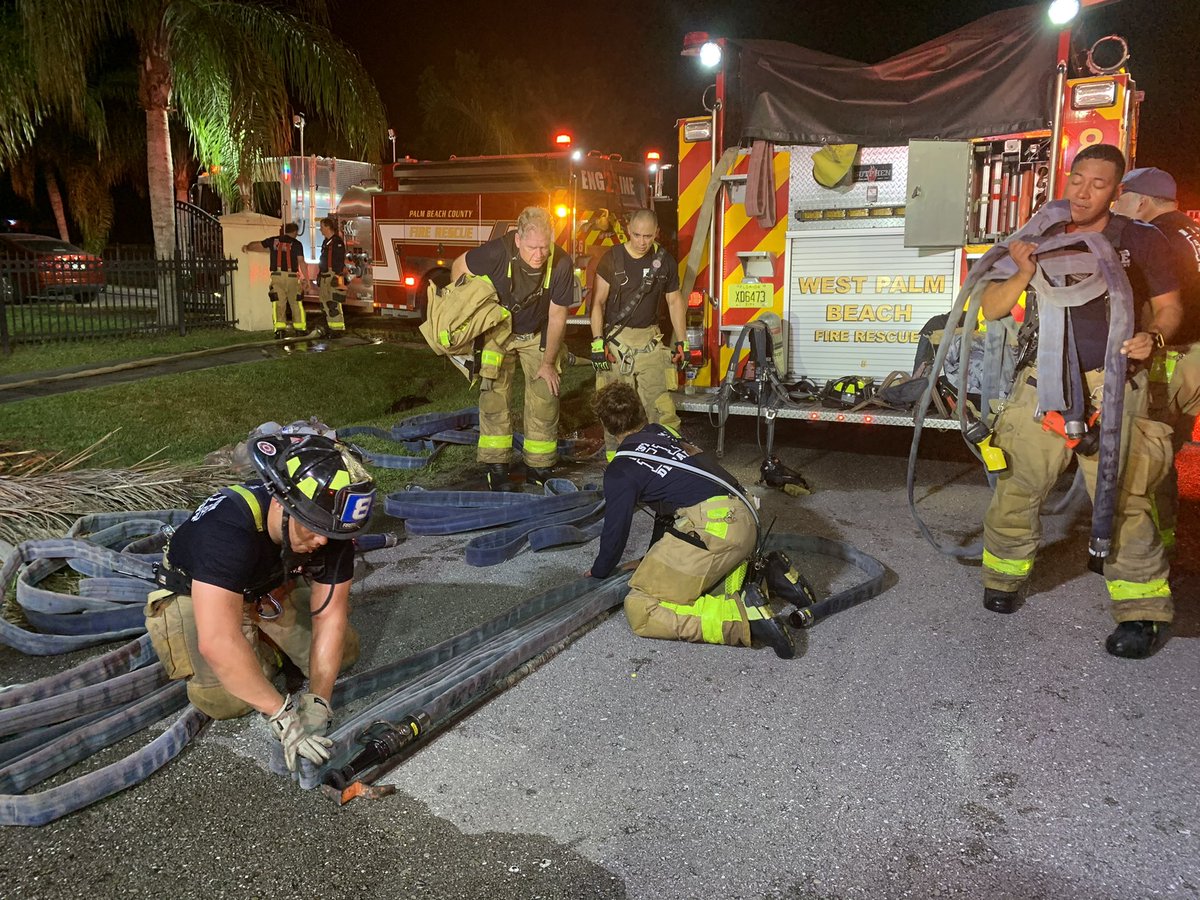PBCFR's tweet photo. #PBCFR crews from #Battalion2 #Battalion1 along with #PBGFR and #WPBFR responded to reports of a residential structure #fire on 120th and Coconut Blvd. First arriving units reported heavy fire and initiated an aggressive fire attack extinguished the fire. More info on FB and IG. https://t.co/z7LVEpEdt5