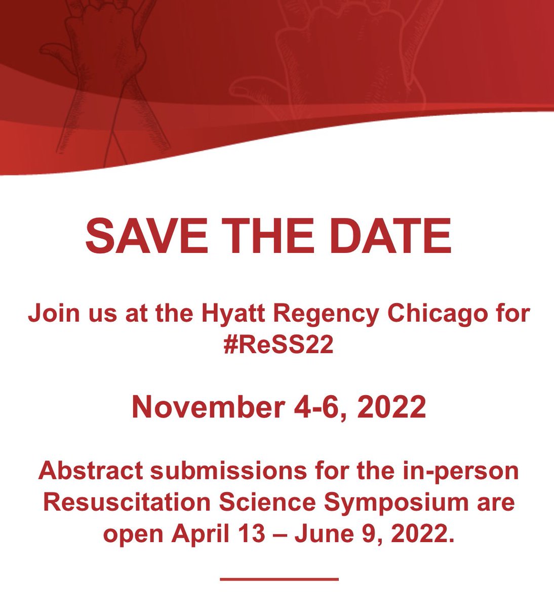 Sarah Perman MD MSCE (@sarahmperman) on Twitter photo Hello Resuscitation Science Community 🫀
Save the date for #ReSS22
Looking forward to seeing you in Chicago this November!
Mark your calendars- the ReSS abstract submission site opens 4/13
<a href="/AHAMeetings/">AHAMeetings</a> <a href="/3CPRCouncil/">3CPR Council</a> <a href="/mdonnino/">Mike Donnino, MD</a> <a href="/BenjaminAbella/">Benjamin Abella, MD MPhil</a> Hello Resuscitation Science Community 🫀
Save the date for #ReSS22
Looking forward to seeing you in Chicago this November!
Mark your calendars- the ReSS abstract submission site opens 4/13
<a href="/AHAMeetings/">AHAMeetings</a> <a href="/3CPRCouncil/">3CPR Council</a> <a href="/mdonnino/">Mike Donnino, MD</a> <a href="/BenjaminAbella/">Benjamin Abella, MD MPhil</a>