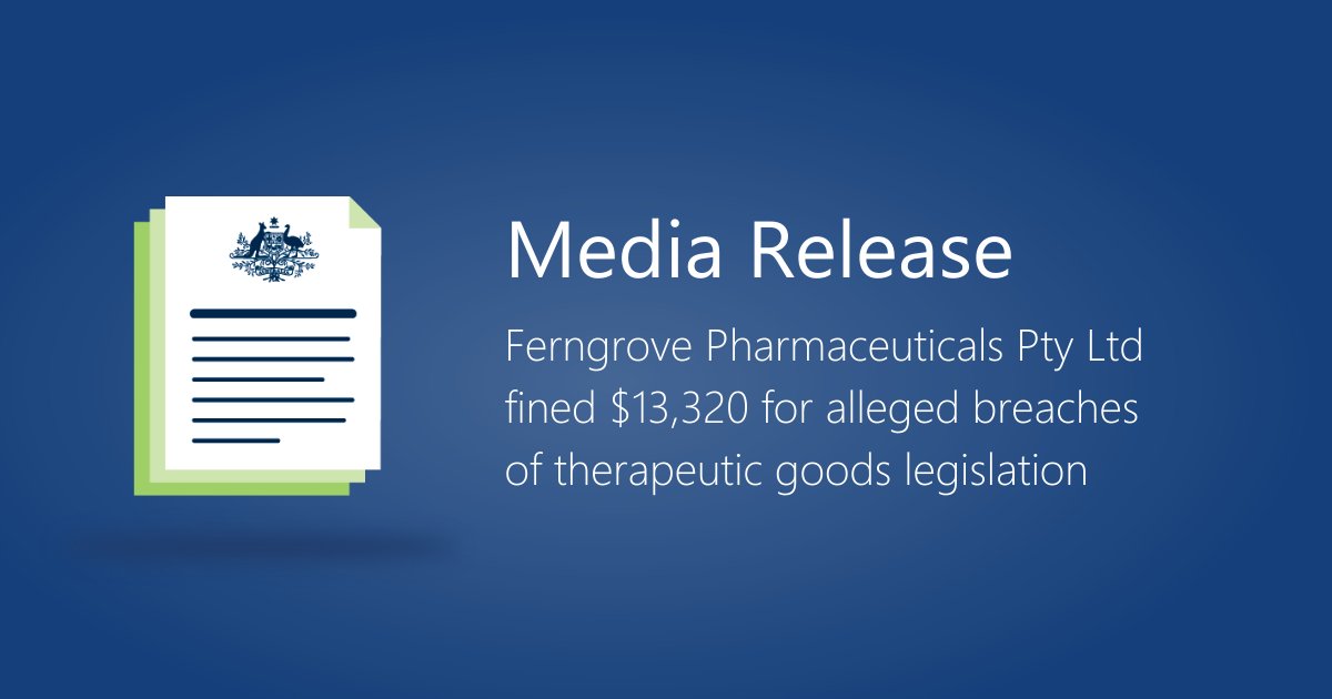 TGAgovau's tweet photo. We have issued an infringement notice of $13,320 to Sydney-based company Ferngrove Pharmaceuticals Pty Ltd for alleged contraventions of the Therapeutic Goods Act 1989 in relation to pharmacovigilance (activities monitoring the safety of medicines). 👉 https://t.co/QcodWLke8u https://t.co/Z0OmcirMjl