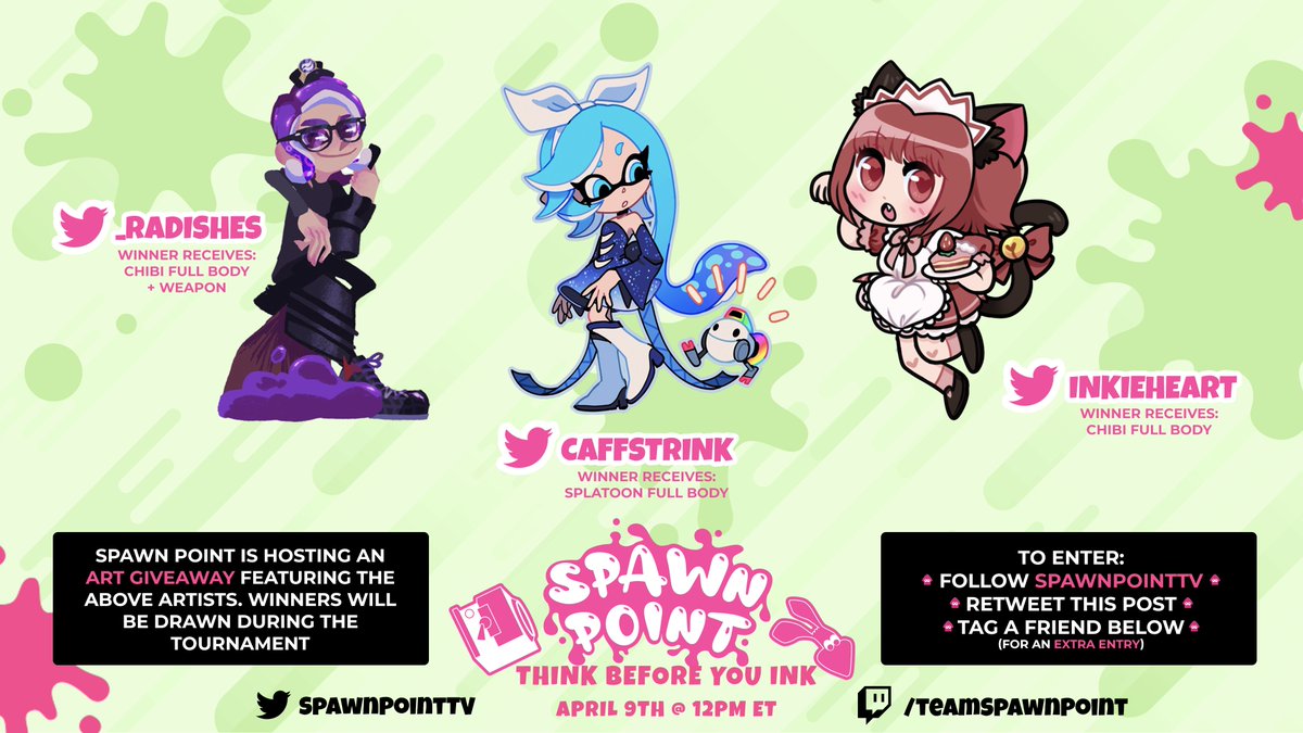 To thank you all for an awesome first year of Spawn Point, we're hosting an art giveaway for the community! 🦑 

✨ Follow <a href="/SpawnPointTV/">Spawn Point</a> on Twitter
✨ Retweet this post 
✨ Tag a friend on this post (extra entry)

Winners will be drawn during Think Before You Ink on Saturday!