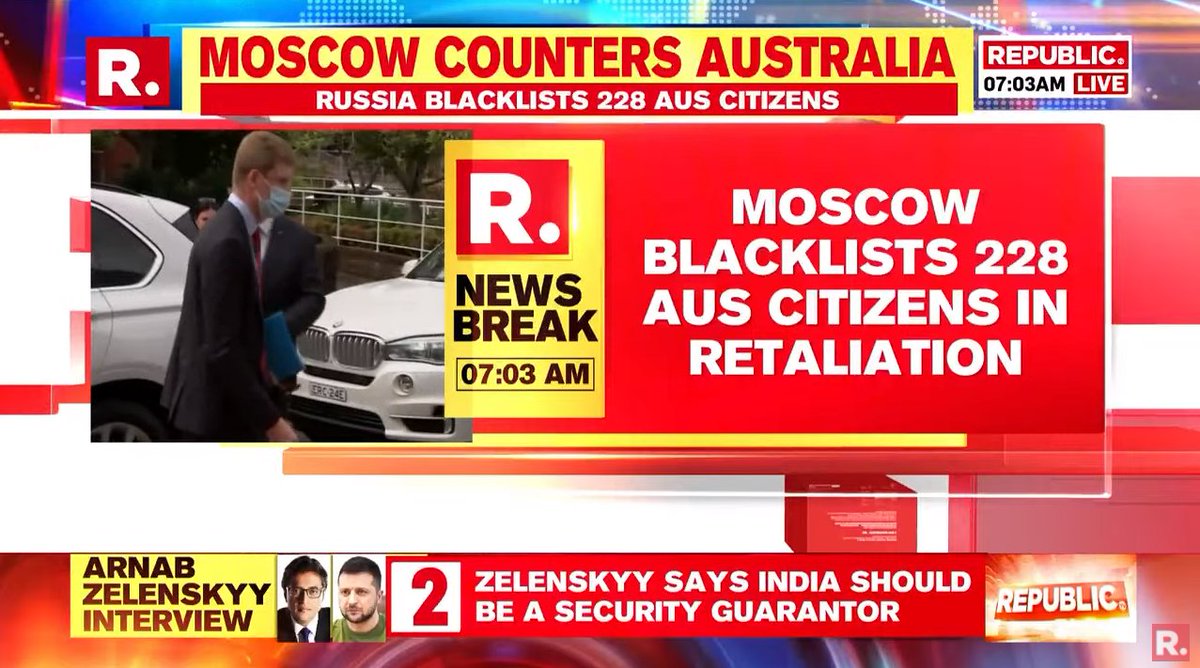 republic's tweet image. #BREAKING | Russia, in a tit-for-tat move blacklists 228 Australian citizens, including Prime Minister Scott Morrison and Defense Minister Peter Dutton after Canberra's sanctions on most Russian lawmakers over Ukraine war

Tune in here - youtube.com/watch?v=0XYxVb…