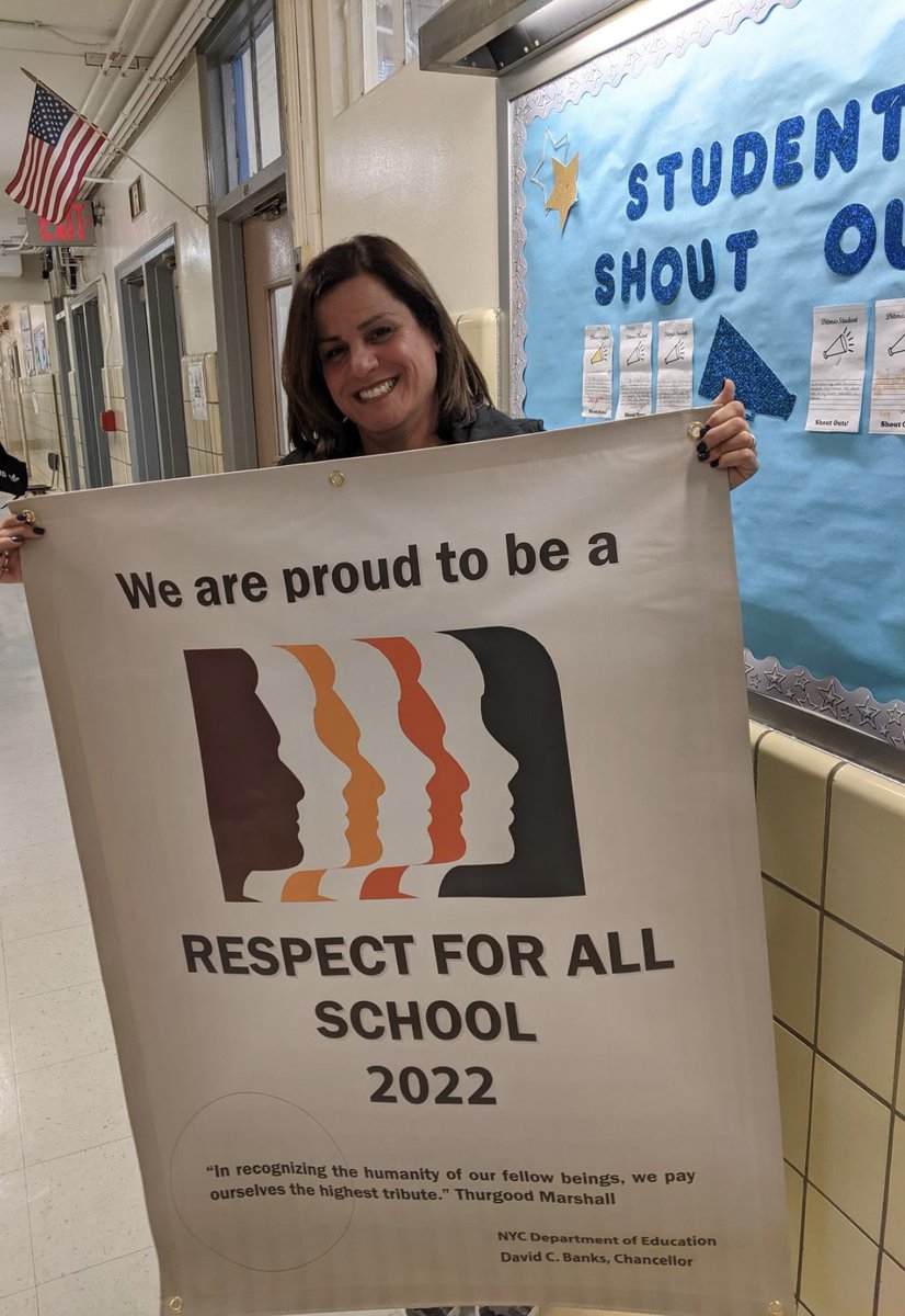 ditmasjhs62's tweet photo. Mrs. Santiago proudly displaying our Respect for All School banner. We take pride in the diversity of our Ditmas family. All special. All unique. We are one ! #respectforall #ditmasproud #equity #sel @mcipria2 @20_doe https://t.co/NvZpx0LuHe