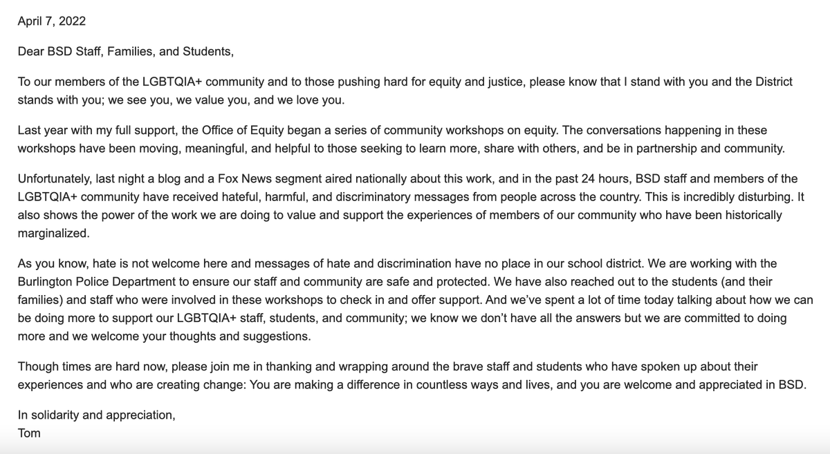 BTVSchools's tweet photo. Tonight's "Message of Support for LGBTQIA+ Community" from @tomflanaganjr #bsdvt #jointhejourney #together https://t.co/AWGN2188JG