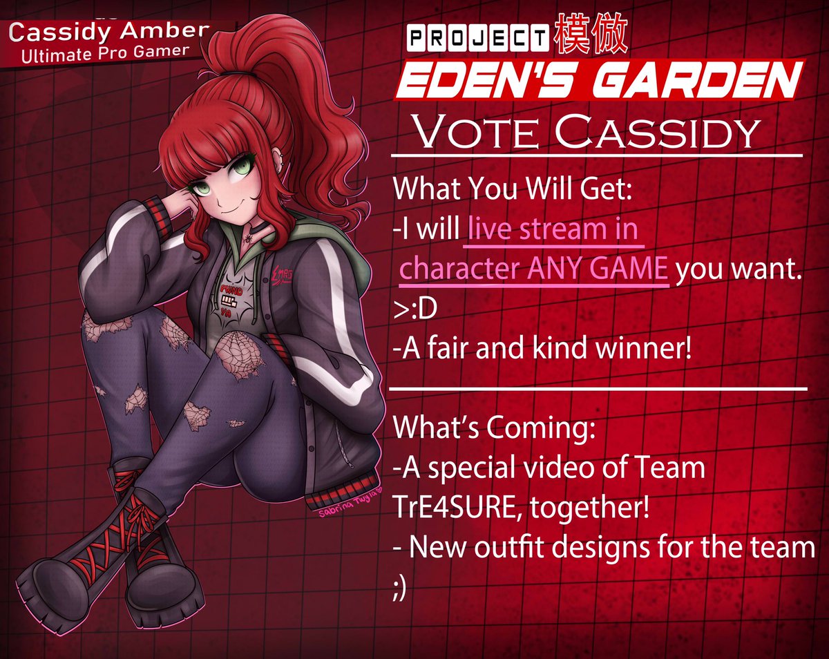 SabrinaTwyla's tweet image. EVERYONE, On Discorx Right now in #AprilAnarchy round 2, go vote for Cassidy! If I win AA, I will live stream in character, any game you want! And if I win the whole event, I’ll stream #DANGANRONPA 

@ProjEdensGarden #PEG #EdensGardenGame #TEAMTRE4SURE #ProjectEdensGarden #Fangan