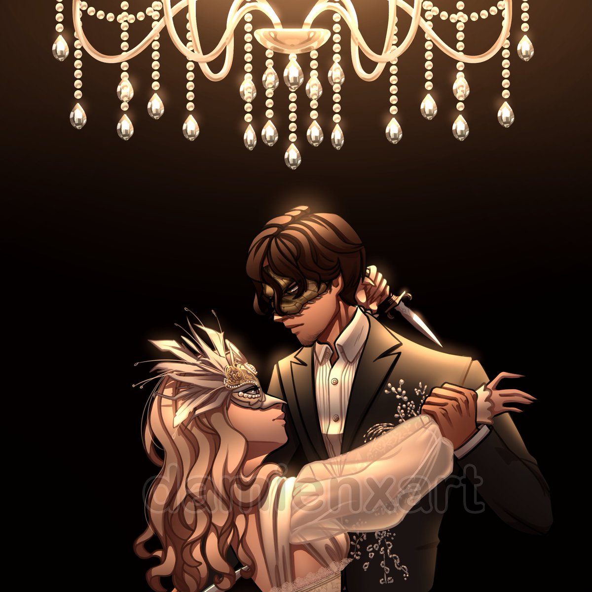 ``Vincent and Zinaida: eternal partners in a sadistic waltz until the day one of them can’t dance any longer. Together for eternity, till death do us apart.`` Special commission for @RoseWritesAlot of her OC Zinaida and @monochr0med's OC Vincent in a masquerade-themed setting.