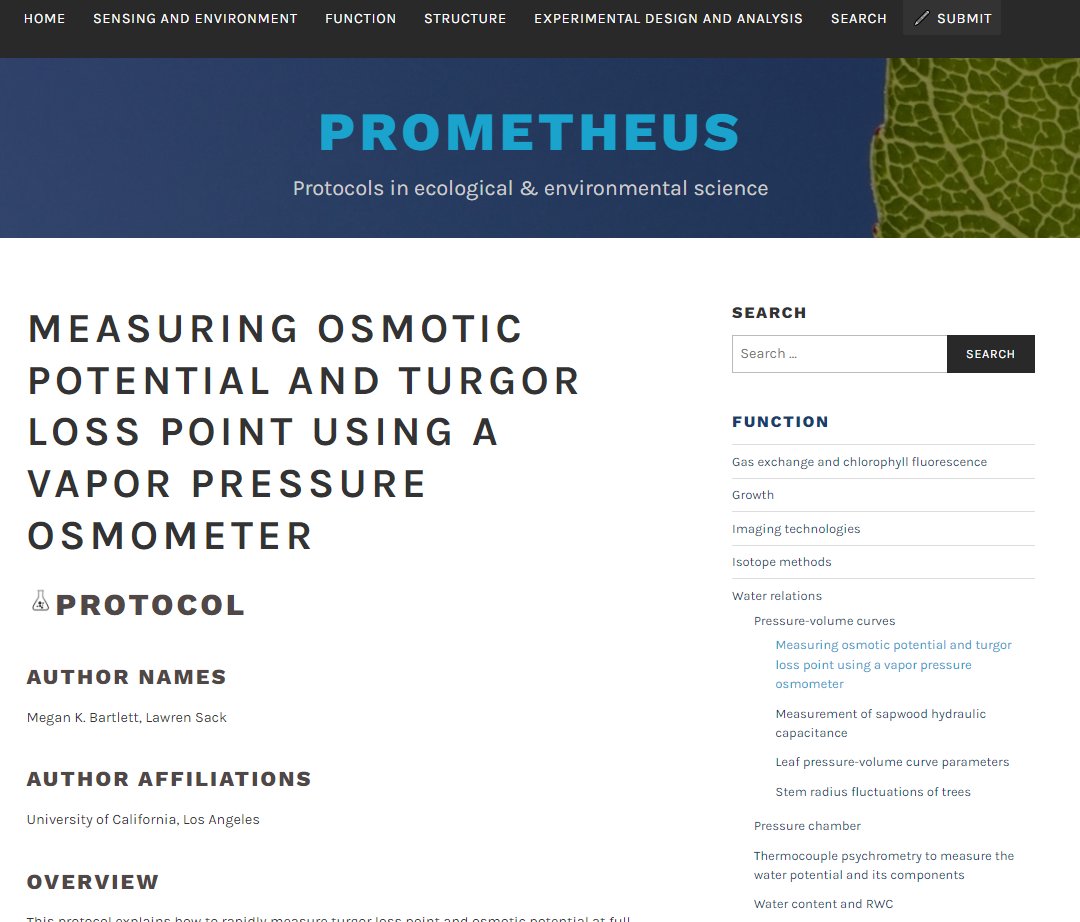 Another protocol has been published at Prometheus, check it out!

Measuring osmotic potential and turgor loss point using a vapor pressure osmometer

prometheusprotocols.net/function/water…