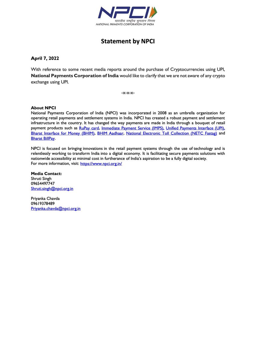 Coinbase recently announced debut for crypto exchange in India which will have support for the popular UPI payment instrument in India.

Soon after NPCI issued statement that they are not aware of any crypto exchange using UPI.