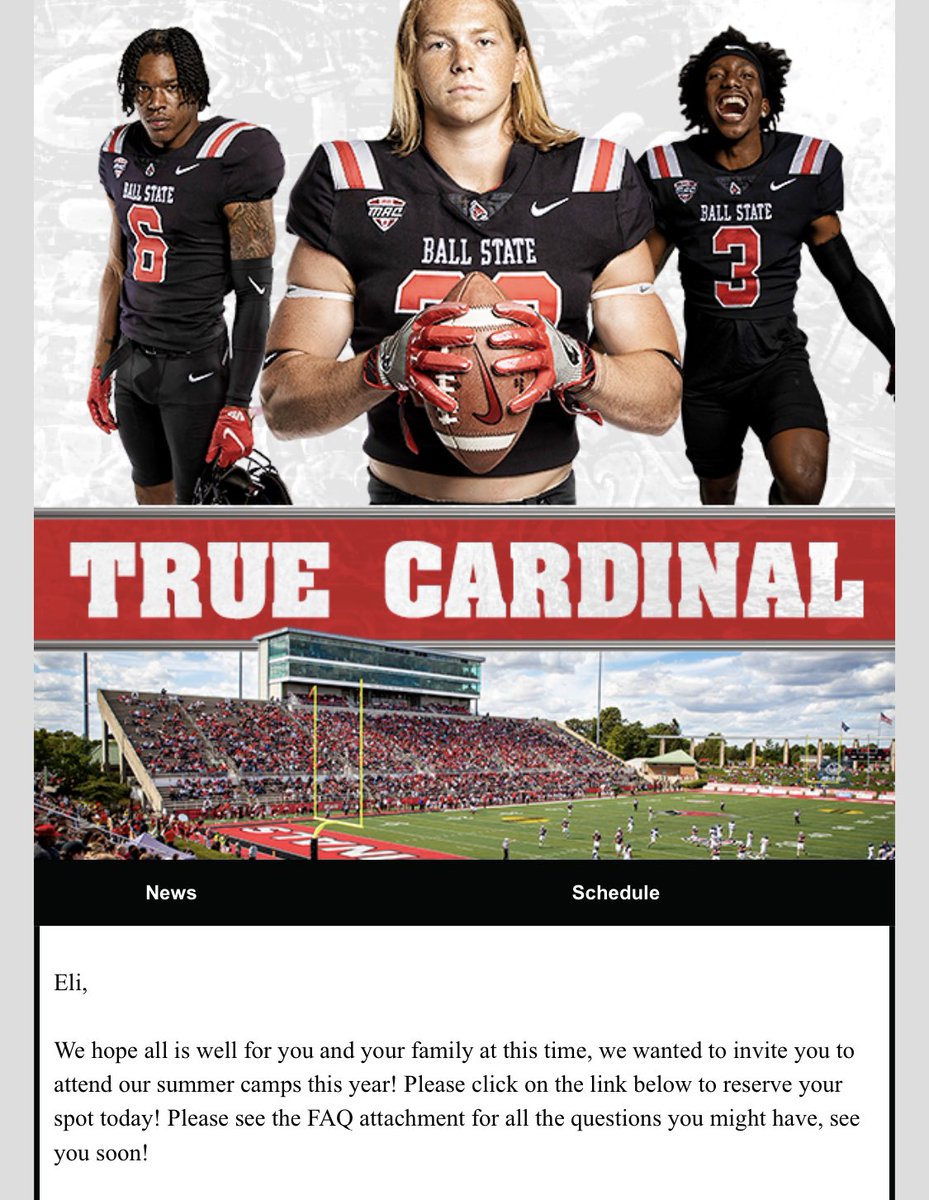 Really appreciate the invite to Ball State’s camp this summer! 🔴⚪️#chirpchirp <a href="/CoachReineck/">Dan Reineck</a> <a href="/BSUFBRecruiting/">Ball State Football Recruiting</a> <a href="/IndianaPreps/">Indiana Preps</a> <a href="/IndyWeOutHere/">IndyWeOutHere ‼️</a> <a href="/IndySportsTopic/">Indy Sports Topic</a>