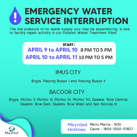 maynilad's tweet photo. Please be informed that there will be an urgent facility maintenance at Putatan Water Treatment Plant. Customers in portions of Bacoor City, Imus City, Las Pinas City, Muntinlupa City and Paranaque City will experience water interruption. <1/3> https://t.co/ylUQG2XWSO