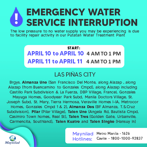 maynilad's tweet photo. Please be informed that there will be an urgent facility maintenance at Putatan Water Treatment Plant. Customers in portions of Bacoor City, Imus City, Las Pinas City, Muntinlupa City and Paranaque City will experience water interruption. <1/3> https://t.co/ylUQG2XWSO