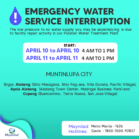 maynilad's tweet photo. Please be informed that there will be an urgent facility maintenance at Putatan Water Treatment Plant. Customers in portions of Bacoor City, Imus City, Las Pinas City, Muntinlupa City and Paranaque City will experience water interruption. <1/3> https://t.co/ylUQG2XWSO