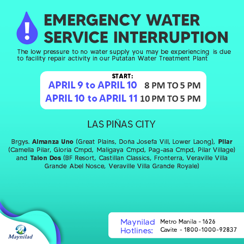 Please be informed that there will be an urgent facility maintenance at Putatan Water Treatment Plant. Customers in portions of Bacoor City, Imus City, Las Pinas City, Muntinlupa City and Paranaque City will experience water interruption. <1/3>