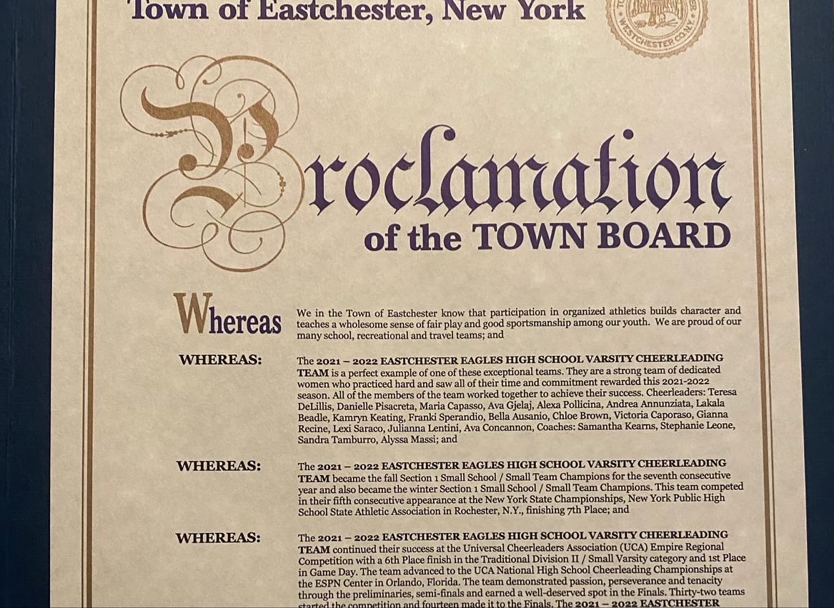 eagles_cheer914's tweet photo. 🔴The town of Eastchester officially recognized April 6, 2022 as Eastchester Eagles Varsity Cheerleading Day!
🔵A big thank you to Town Supervisor Anthony Colavita for presenting the proclamation at our end of the year team celebration.
#FamilyE @Eagle___Nation https://t.co/tWyCpW1pl9