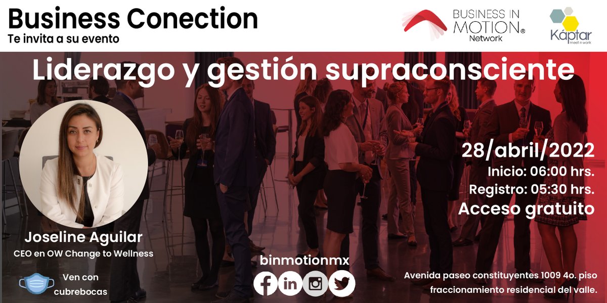binmotionmx's tweet photo. ¿Deseas generar nuevos #clientes?
Te esperamos el jueves 28 de abril a las 05:30 horas en Business Conection, un evento donde podrás actualizar tu #conocimiento en temas #empresariales, hacer #networking y formar parte de @binmotionmx 
https://t.co/x3ZlcA11MP
Cupo limitado. https://t.co/7yxtwjVRak
