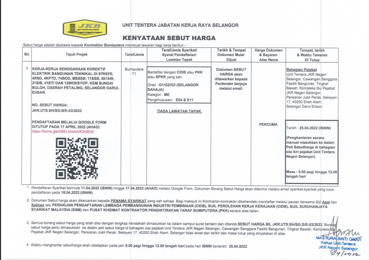 Iklan Sebut Harga Senggaraan Elektrik  di Kem Tentera Darat Selangor
JKR.UTS.SH-SG.B-E03-2022
<a href="/syikun/">Muhd Asyikun</a> 
<a href="/masturaomar10/">masturaomar</a> 
<a href="/jkrtudmsubang18/">JKR TUDM SUBANG</a> 
<a href="/JKRSelangor/">JKR Selangor</a> 
<a href="/csfbjkr/">CSFB JKR</a>