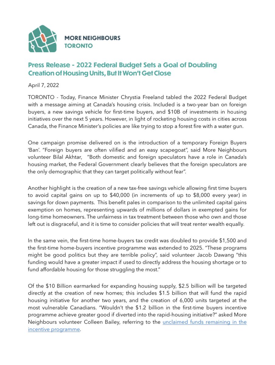 MoreNeighbours's tweet photo. 🚨ATTENTION 🚨

Press Release - 2022/23 Federal Budget - @MoreNeighbours 

“In light of rocketing housing costs in cities across Canada, the Finance Minister’s policies are like trying to stop a forest fire with a water gun.���

https://t.co/7zttqwH8Al https://t.co/sG2FdztLqJ